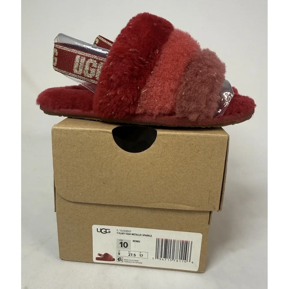 UGG Fluff Yeah Metallic Sparkle Girls Youth 10 Red Slipper Model T 1125950T